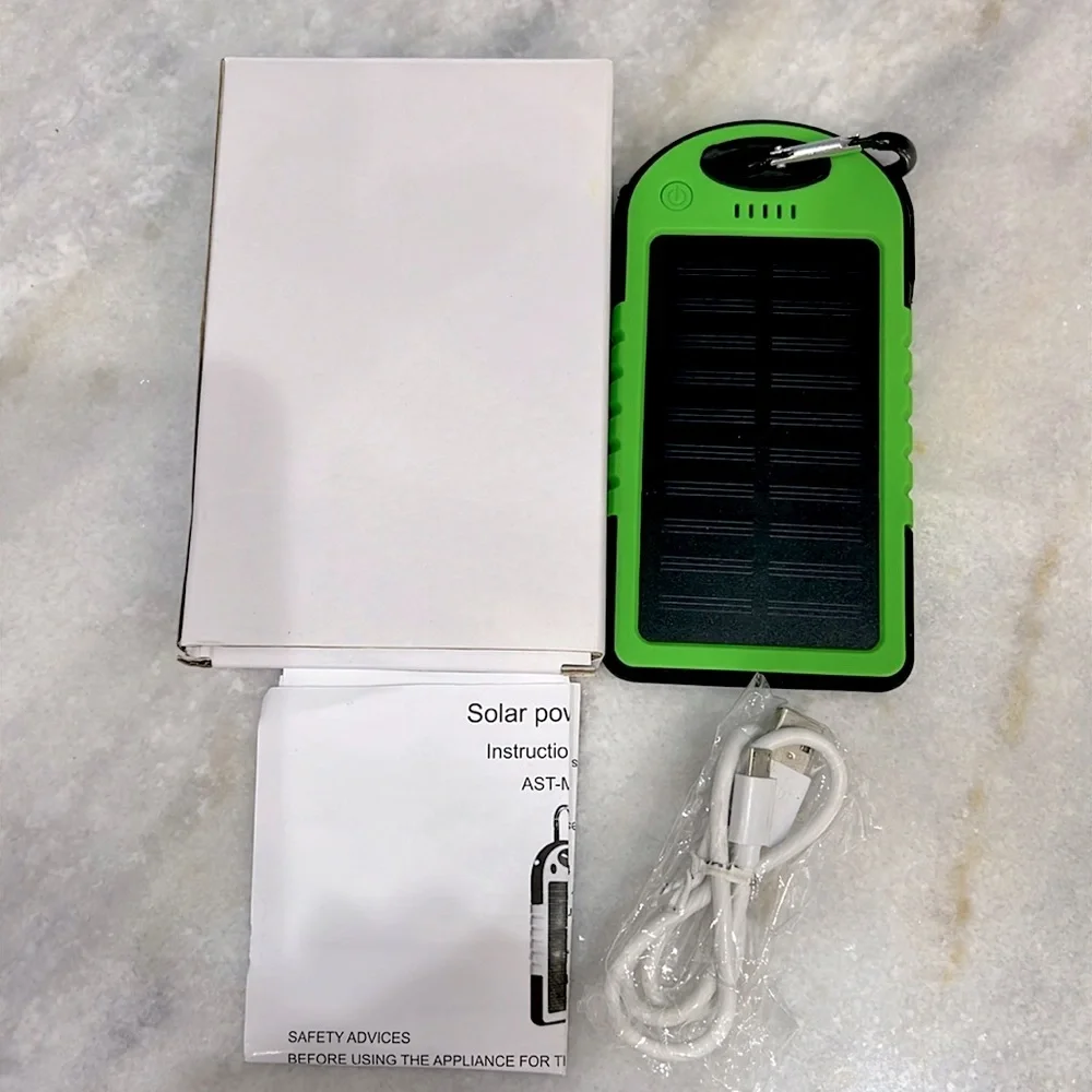 Lime Green Solar Bank with USB Charging Cable and Carabiner